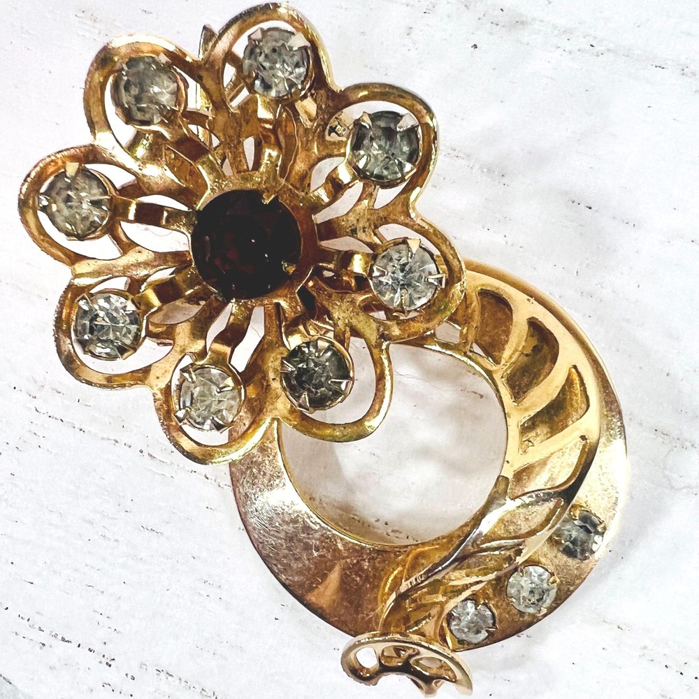 Vintage Rhinestone Brooch Pin Pendant Purple Flower Atomic Age‎ Ladder Gold Tone